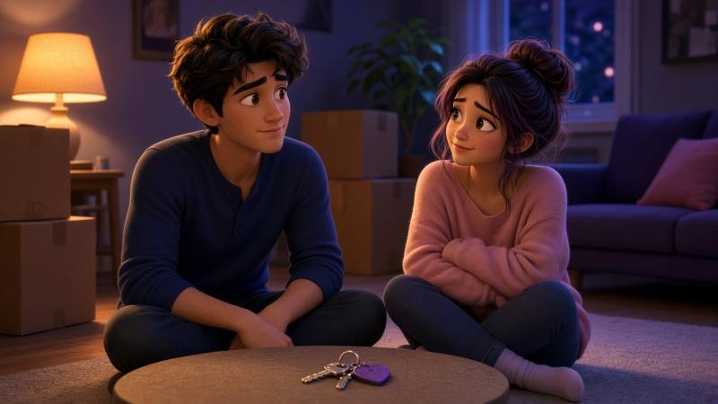 Couple talking through moving-in questions with boxes nearby