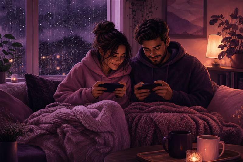 Couple playing cozy rainy day games indoors together