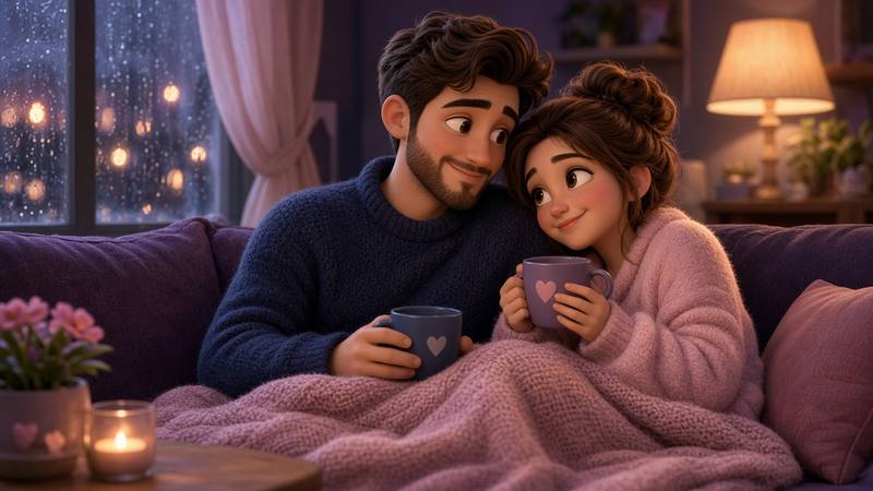 UK couple on a cozy rainy indoor date with tea by the window