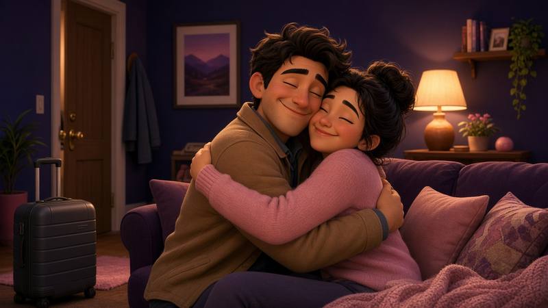 Couple reuniting at home after a work trip with a suitcase by the door