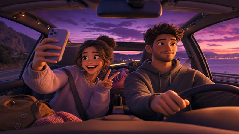 Couple on a road trip playing games together in the car