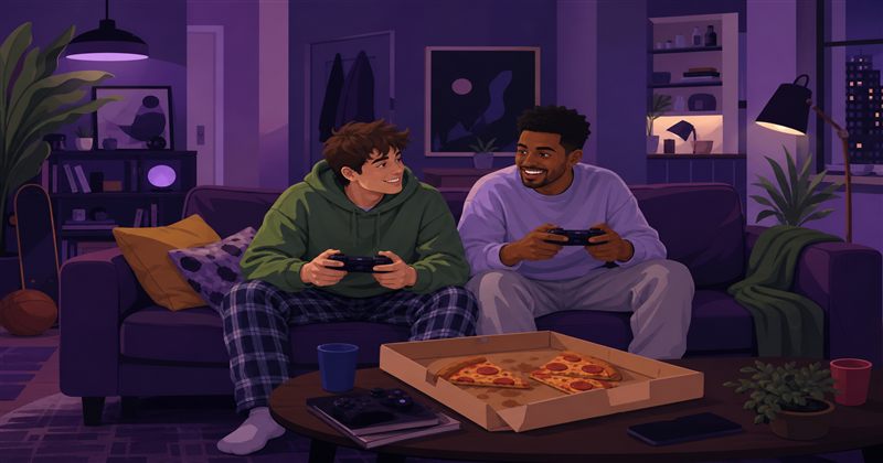 Two roommates playing games together at home on the couch