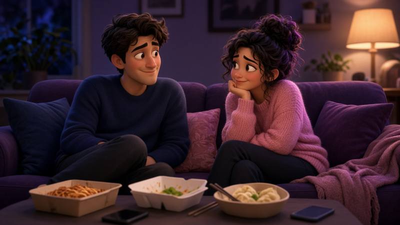 Couple sharing takeout on a cozy second date at home