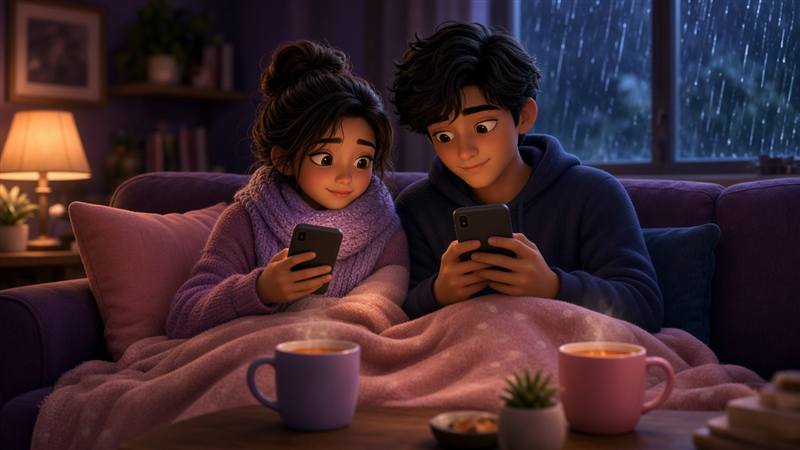 Couple resting on the couch with tea and phones on a cozy sick day at home
