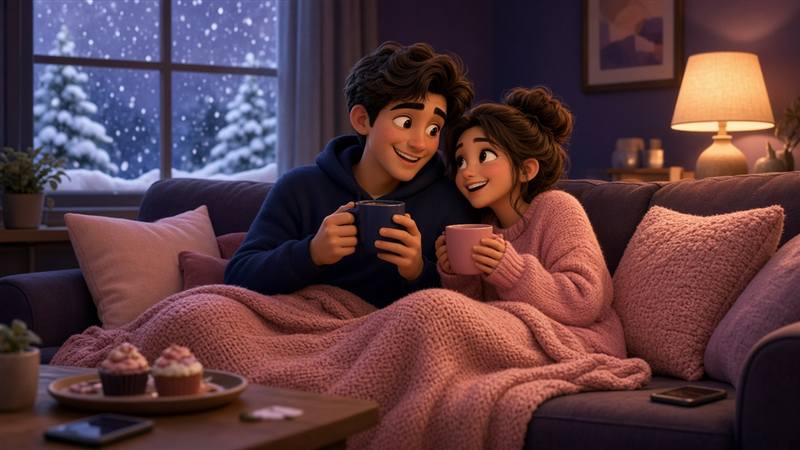 Couple on a cozy snow day date at home with cocoa by the window
