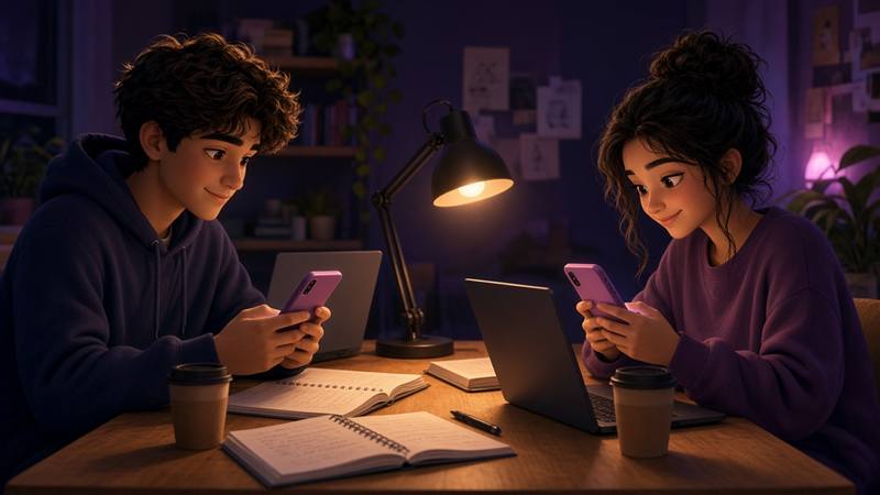 Two students taking a short study break with phones at a desk under a warm lamp