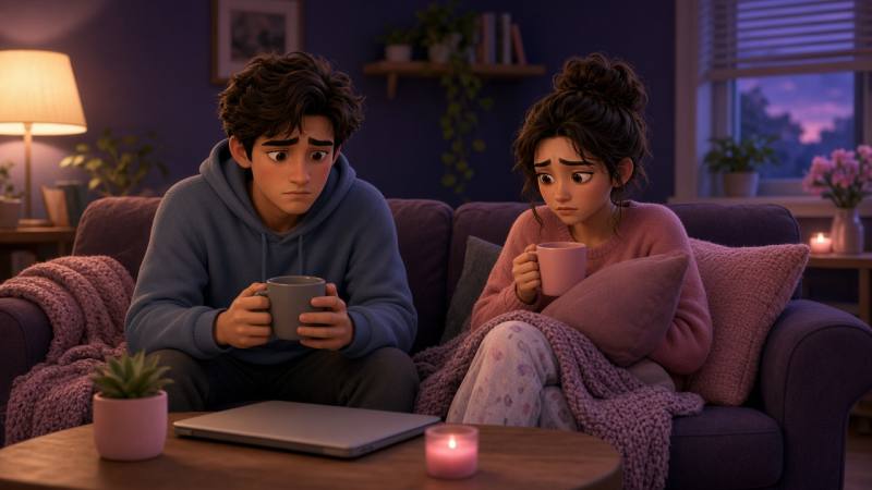 Couple on the couch easing Sunday scaries with coffee and a calm evening plan