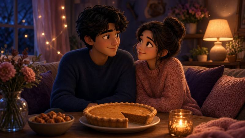 Couple sharing a cozy Thanksgiving date night at home with pie