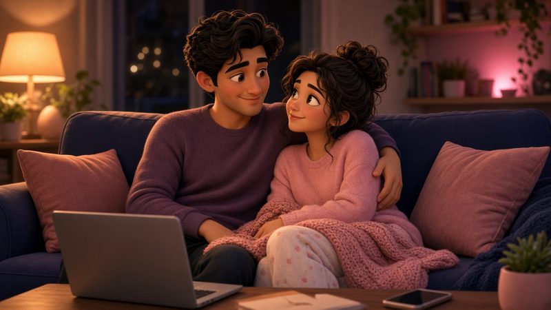 Couple on a cozy couch planning a low-key third date night at home
