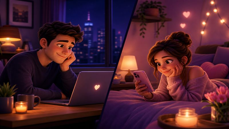 Couple enjoying a creative video call date from two different rooms