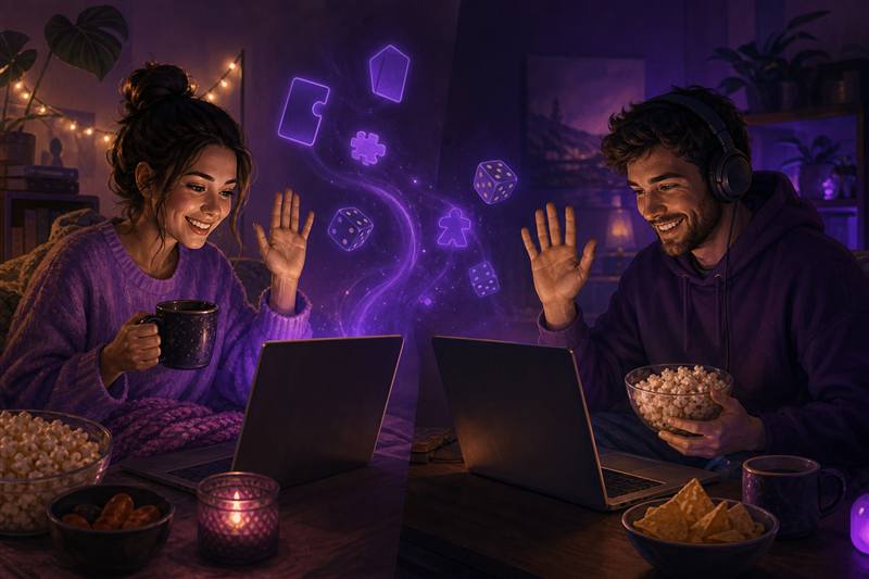 Couple hosting a virtual game night together from separate places