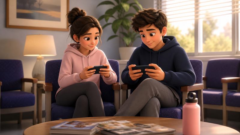 Two people quietly playing a phone game together in a waiting room