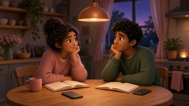 Couple having a calm weekly check-in conversation at a kitchen table