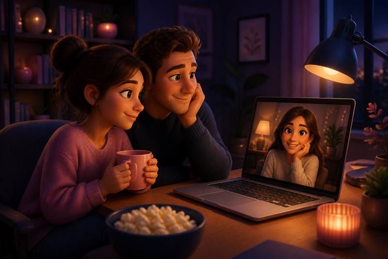 Couple enjoying Zoom date night games on a laptop with warm lighting